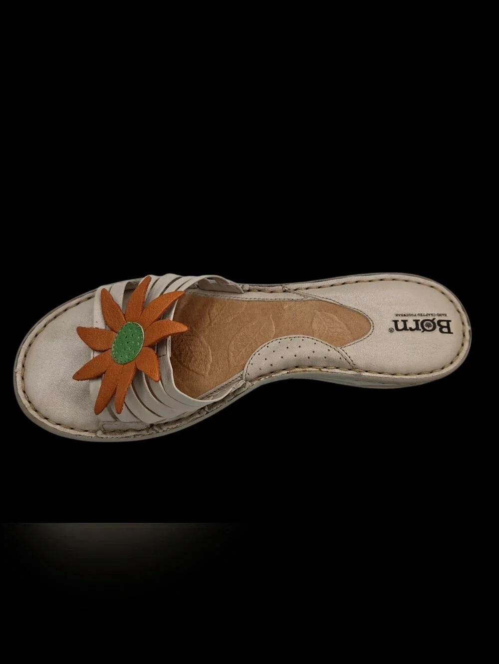 Y2k Born Sandals Cream Leather Wedge Orange Green Flower Applique Whimsical  7.5